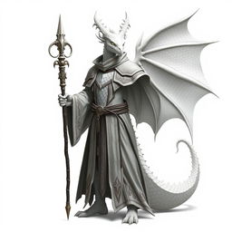 A full-body depiction of a white dragonborn wizard standing on a white background