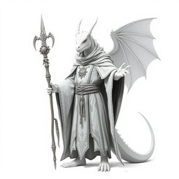 A full-body depiction of a white dragonborn wizard standing on a white background