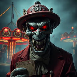 A sinister carnival ticket master with a dark, eerie atmosphere