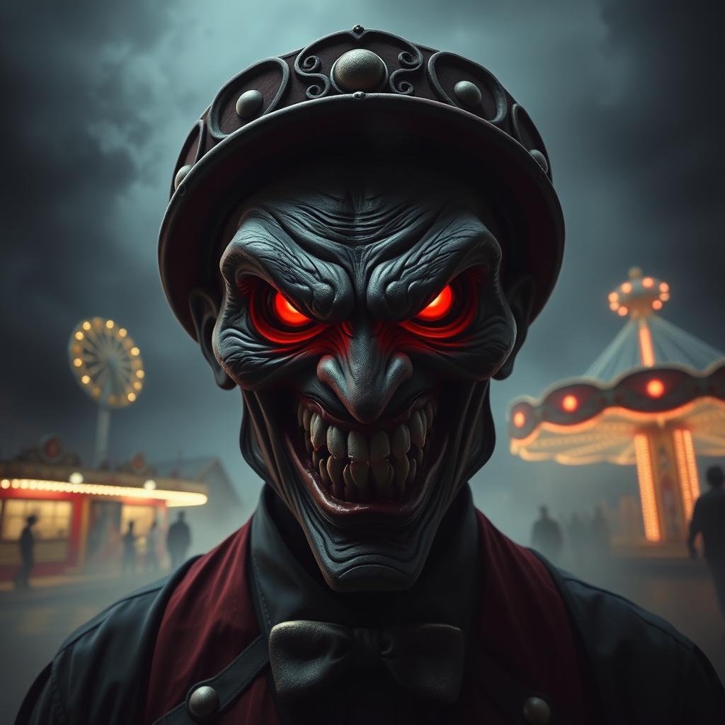 A sinister carnival ticket master with a dark, eerie atmosphere