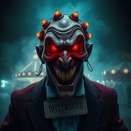 A sinister carnival ticket master with a dark, eerie atmosphere