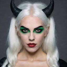 Photograph of a 30-year-old, average-built girl with white hair, dressed in a demon costume. She has long square proportional face, dimples in the cheeks, bow lips, large black eyebrows, smooth medium green eyes, and swarthy skin