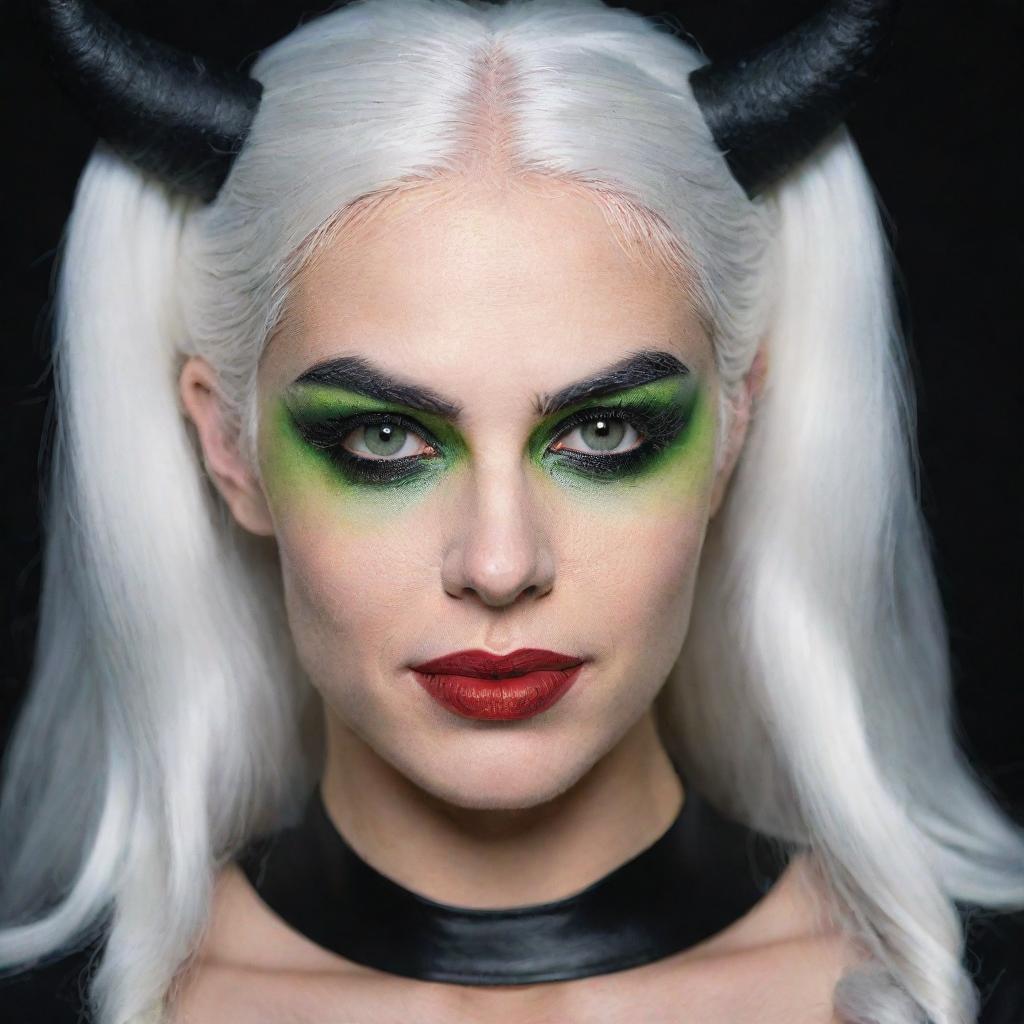 Photograph of a 30-year-old, average-built girl with white hair, dressed in a demon costume. She has long square proportional face, dimples in the cheeks, bow lips, large black eyebrows, smooth medium green eyes, and swarthy skin