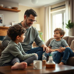 A heartwarming scene of a father helping and supporting his children who are recovering from addiction, set in a cozy living room with a warm and nurturing atmosphere