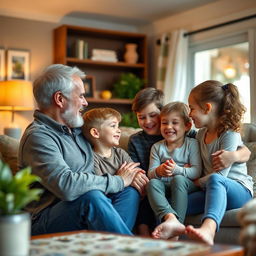 A heartwarming scene of a father helping and supporting his children who are recovering from addiction, set in a cozy living room with a warm and nurturing atmosphere