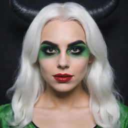 Photograph of a 30-year-old, average-built girl with white hair, dressed in a demon costume. She has long square proportional face, dimples in the cheeks, bow lips, large black eyebrows, smooth medium green eyes, and swarthy skin