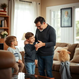 A heartwarming scene of a father helping and supporting his children who are recovering from addiction, set in a cozy living room with a warm and nurturing atmosphere