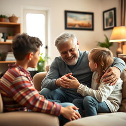 A heartwarming scene of a father helping and supporting his children who are recovering from addiction, set in a cozy living room with a warm and nurturing atmosphere