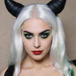 Photograph of a 30-year-old, average-built girl with white hair, dressed in a demon costume. She has long square proportional face, dimples in the cheeks, bow lips, large black eyebrows, smooth medium green eyes, and swarthy skin