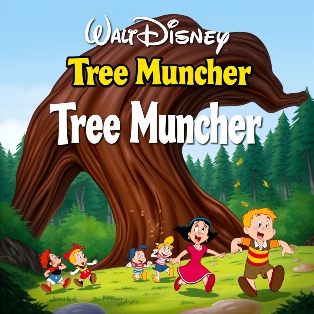 A Disney movie poster featuring a dramatic scene where a large tree is falling, and people are running away in panic