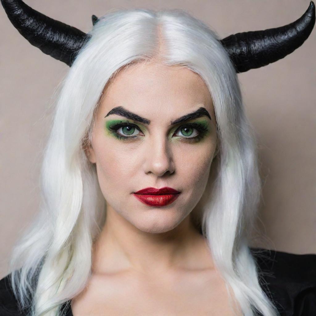 Photograph of a 30-year-old girl with an average build and white hair, dressed in a demon costume. She has long square proportional facial features, cheek dimples, bow lips, large black eyebrows, smooth medium green eyes, and swarthy skin