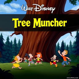 A Disney movie poster featuring a dramatic scene where a large tree is falling, and people are running away in panic