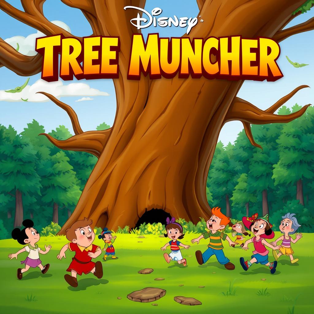 A Disney movie poster featuring a dramatic scene where a large tree is falling, and people are running away in panic