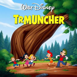 A Disney movie poster featuring a dramatic scene where a large tree is falling, and people are running away in panic