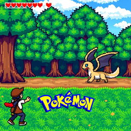 A vibrant scene from the gameplay of Pokemon Fire Red, depicting a trainer in battle with a wild Pokemon