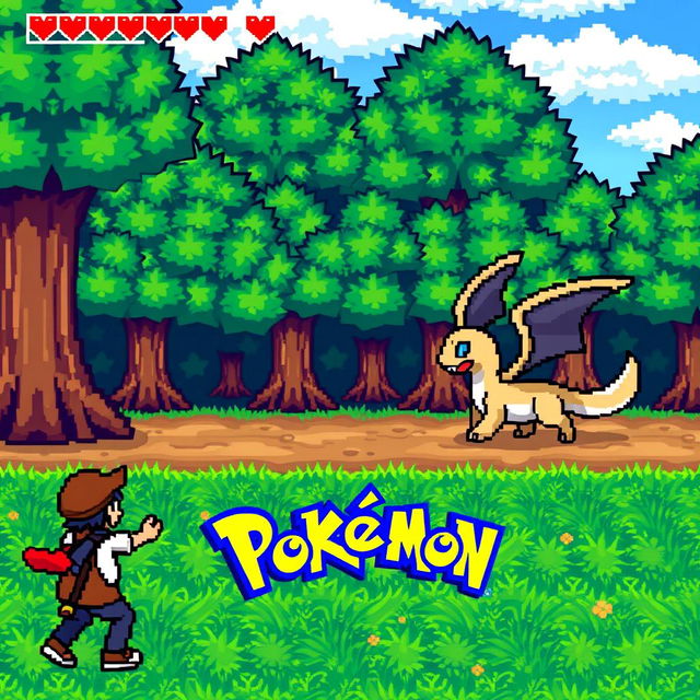 A vibrant scene from the gameplay of Pokemon Fire Red, depicting a trainer in battle with a wild Pokemon