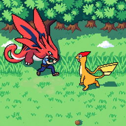 A vibrant scene from the gameplay of Pokemon Fire Red, depicting a trainer in battle with a wild Pokemon