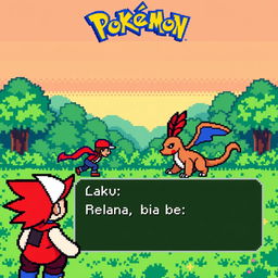 A vibrant scene from the gameplay of Pokemon Fire Red, depicting a trainer in battle with a wild Pokemon