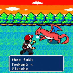 A vibrant scene from the gameplay of Pokemon Fire Red, depicting a trainer in battle with a wild Pokemon