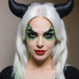 Photograph of a 30-year-old girl with an average build and white hair, dressed in a demon costume. She has long square proportional facial features, cheek dimples, bow lips, large black eyebrows, smooth medium green eyes, and swarthy skin