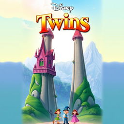 A Disney movie poster featuring two tall towers standing next to each other, with the title 'Twins' prominently displayed at the top