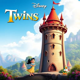 A Disney movie poster featuring two tall towers standing next to each other, with the title 'Twins' prominently displayed at the top