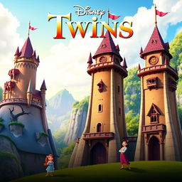 A Disney movie poster featuring two tall towers standing next to each other, with the title 'Twins' prominently displayed at the top