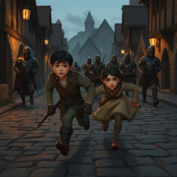 Hugo and Amicia from A Plague Tale: Innocence are running frantically from guards