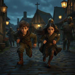 Hugo and Amicia from A Plague Tale: Innocence are running frantically from guards