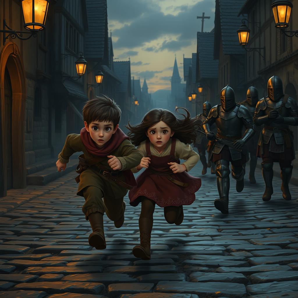 Hugo and Amicia from A Plague Tale: Innocence are running frantically from guards