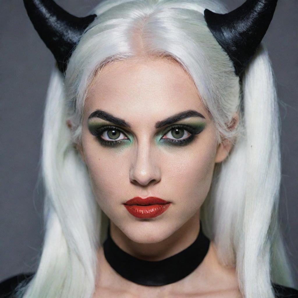 Photograph of a 30-year-old girl with an average build and white hair, dressed in a demon costume. She has long square proportional facial features, cheek dimples, bow lips, large black eyebrows, smooth medium green eyes, and swarthy skin