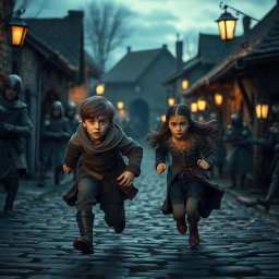 Hugo and Amicia from A Plague Tale: Innocence are running frantically from guards