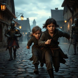 Hugo and Amicia from A Plague Tale: Innocence are running frantically from guards