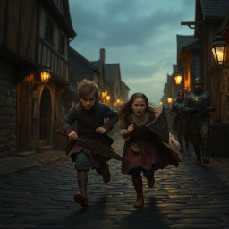 Hugo and Amicia from A Plague Tale: Innocence are running frantically from guards