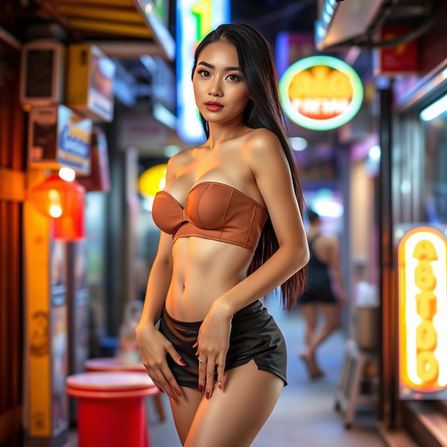 A slender Thai Pattaya bargirl with fair skin, light complexion, and small breasts