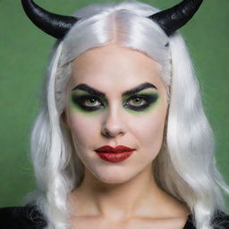 Photograph of a 30-year-old girl with an average build and white hair, dressed in a demon costume. She has long square proportional facial features, cheek dimples, bow lips, large black eyebrows, smooth medium green eyes, and swarthy skin