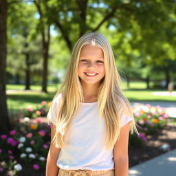 A blonde girl with long hair, wearing a casual outfit, standing in a sunny park with trees and flowers in the background