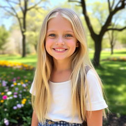 A blonde girl with long hair, wearing a casual outfit, standing in a sunny park with trees and flowers in the background