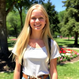 A blonde girl with long hair, wearing a casual outfit, standing in a sunny park with trees and flowers in the background