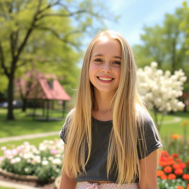 A blonde girl with long hair, wearing a casual outfit, standing in a sunny park with trees and flowers in the background