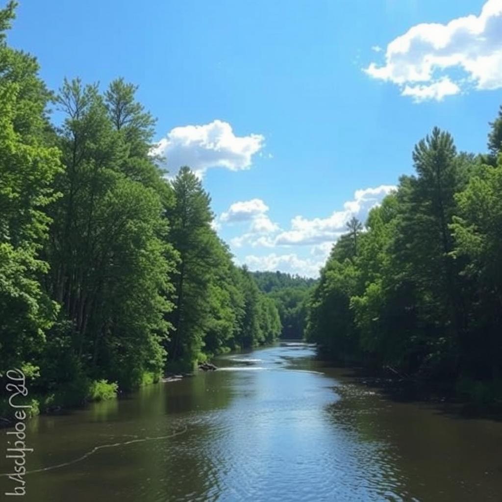 A serene landscape featuring a calm river flowing through a dense forest with tall trees