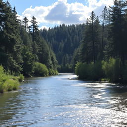 A serene landscape featuring a calm river flowing through a dense forest with tall trees