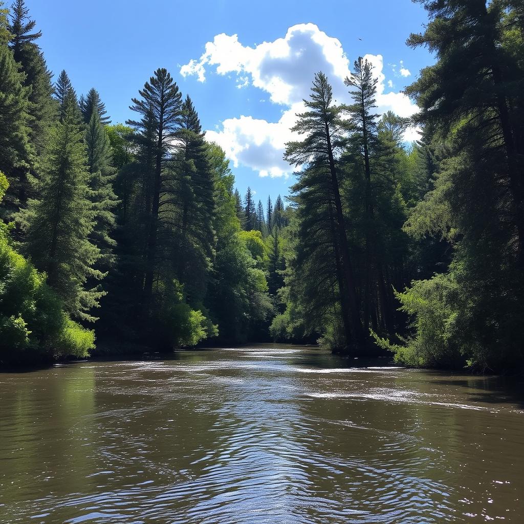 A serene landscape featuring a calm river flowing through a dense forest with tall trees