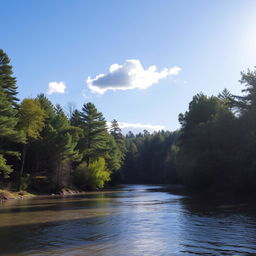 A serene landscape featuring a calm river flowing through a dense forest with tall trees