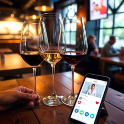 Two glasses of wine on a table in a bar making a toast, with two smartphones on the table displaying dating apps on their screens