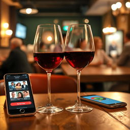 Two glasses of wine on a table in a bar making a toast, with two smartphones on the table displaying dating apps on their screens