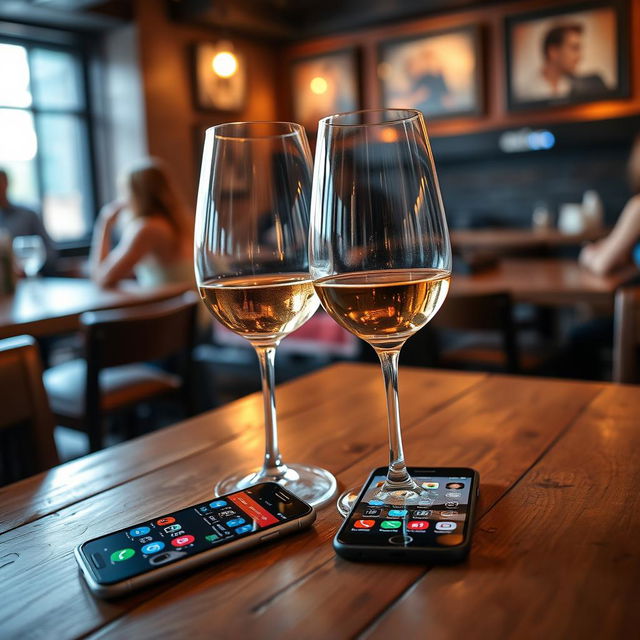 Two glasses of wine on a table in a bar making a toast, with two smartphones on the table displaying dating apps on their screens