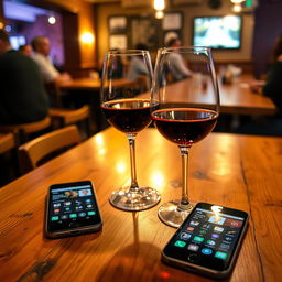 Two glasses of wine on a table in a bar making a toast, with two smartphones on the table displaying dating apps on their screens