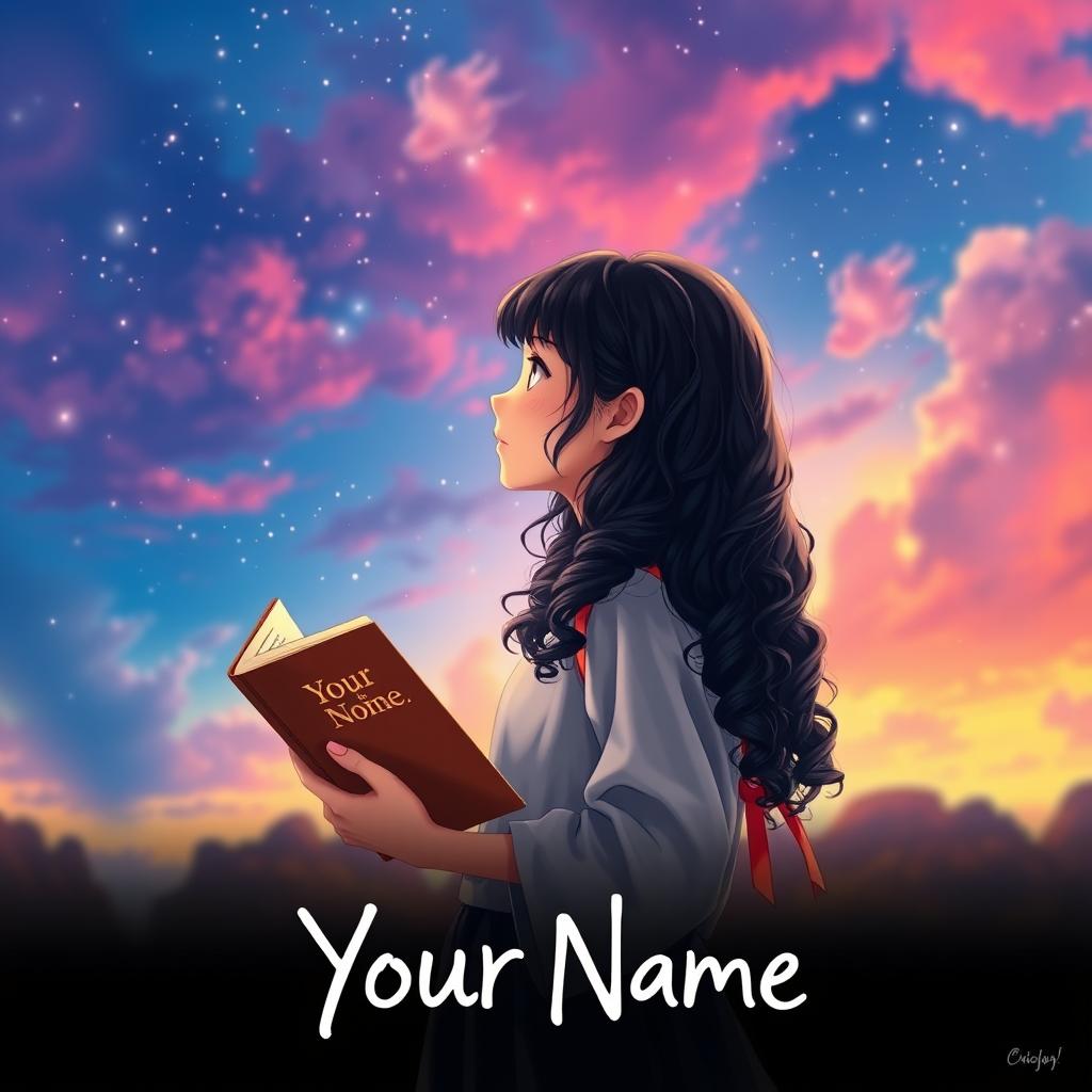 Create a movie poster inspired by the movie 'Your Name' featuring only a girl with long dark curly hair holding a book, looking towards the future