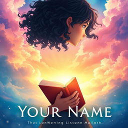 Create a movie poster inspired by the movie 'Your Name' featuring only a girl with long dark curly hair holding a book, looking towards the future